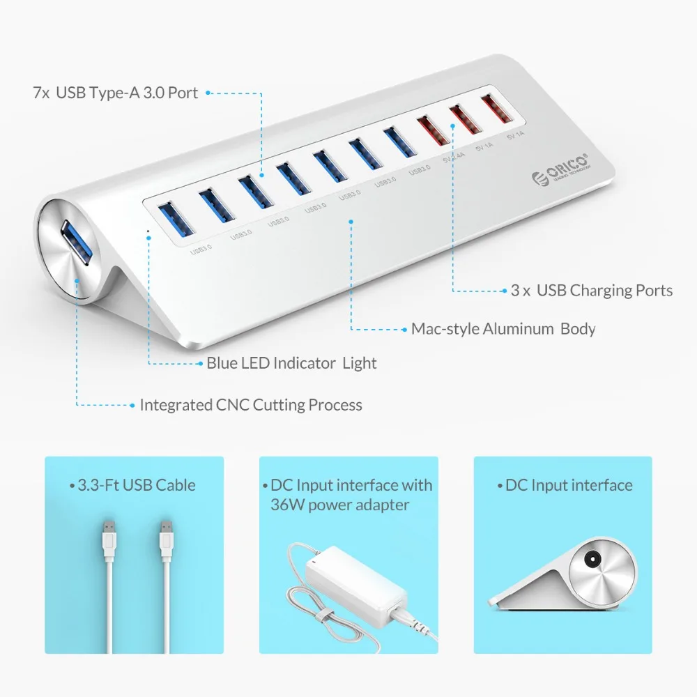 ORICO Суперскоростной usb концентратор с 10 портами 7 USB 3 0 5 Гбит/с порта для зарядки