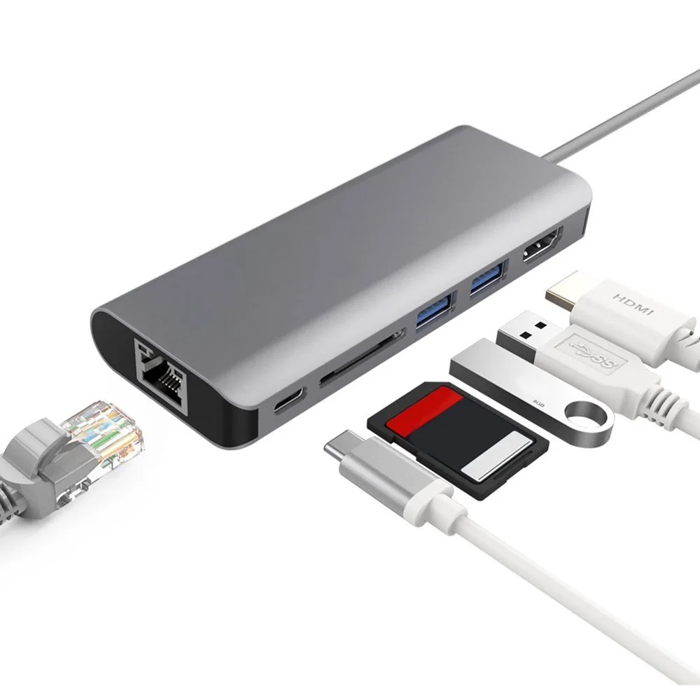 6 в 1 USB 3 Тип C 4K видео HDMI RJ45 0 концентратор адаптер с SD/TF кардридером PD зарядный порт