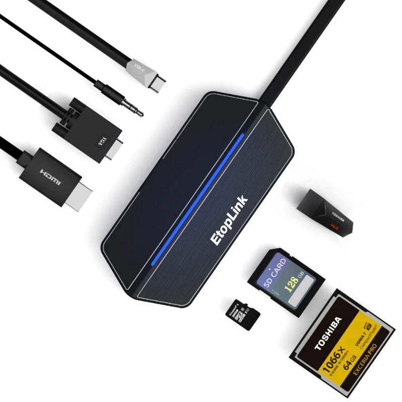 EtopLink 8в1 USB концентратор Многофункциональный USB-C с Type-C AUX 4K видео HD/VGA HDMI TF SD карта CF