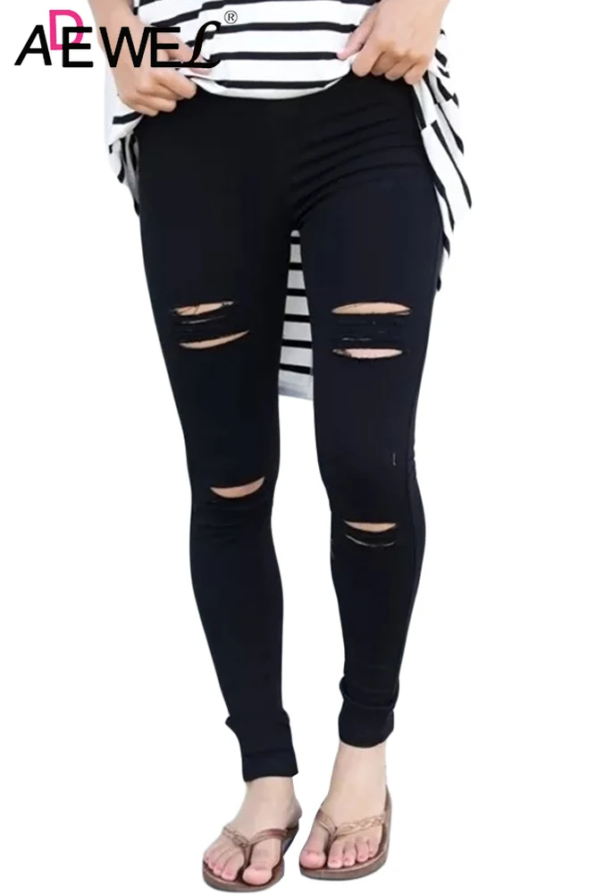 

ADEWEL Distressed Front Stretch Denim Pants Spring Autumn Casual Sexy Women's Soft High Waist Legging Female Compression Pants
