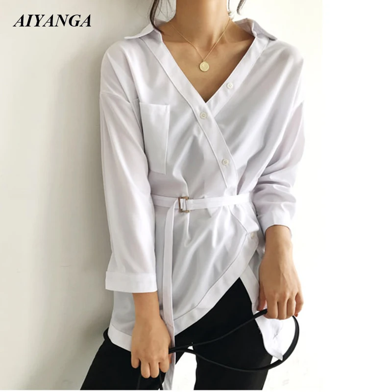 Black White Women OL Shirts With Sashes long Sleeve Blouses 2019 Spring Medium Long Shirt V Neck Fashion Slim Blouses Female