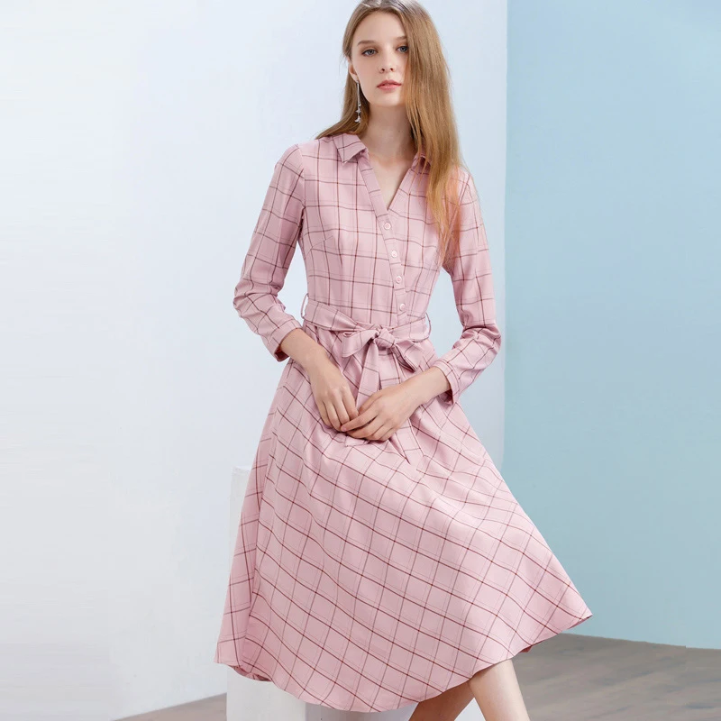 Mostnica Spring England Pink Formal Plaid Shirt Dress for Office Lady Cotton Streewear Striped Robe Dresses with Pocket and Belt | Женская