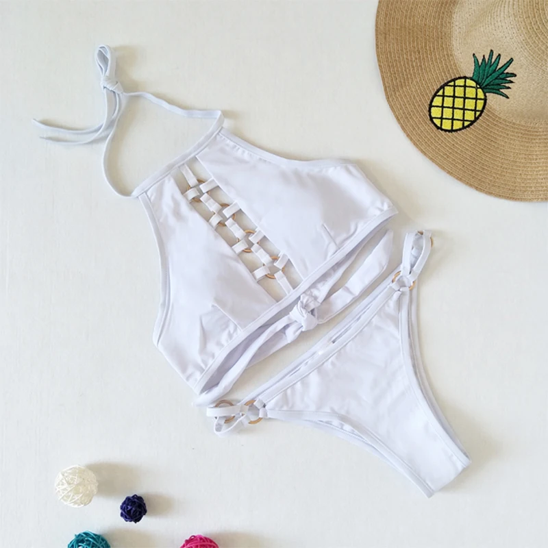 

New Sexy Metal Ring Bikini Women Swimsuit Hollow Bathing Suit Solid Color Swimwear S-L Backless Halter 2 Piece Micro Bikini Set
