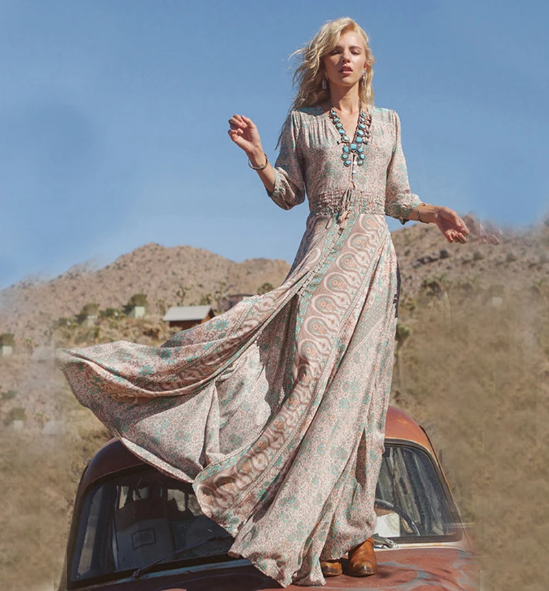 Boho летние женские макси длинное платье с v-образным вырезом Цветочные Сплит