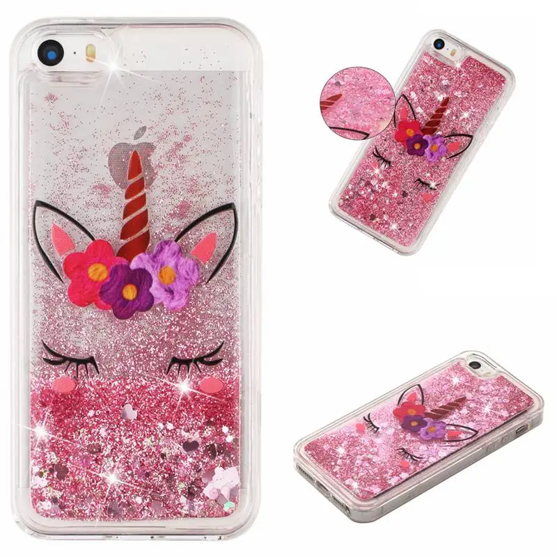 Case For iPhone 5 5s SE Protective Shell Glitter Shine Quicksand Flowing Liquid Unicorn Pattern Shockproof Back Cover Soft TPU |