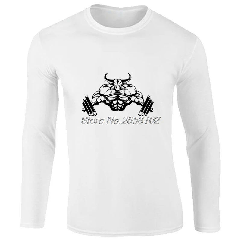 Осенняя забавная футболка для фитнеса Barbell Bull модная Мужская хлопковая с длинным