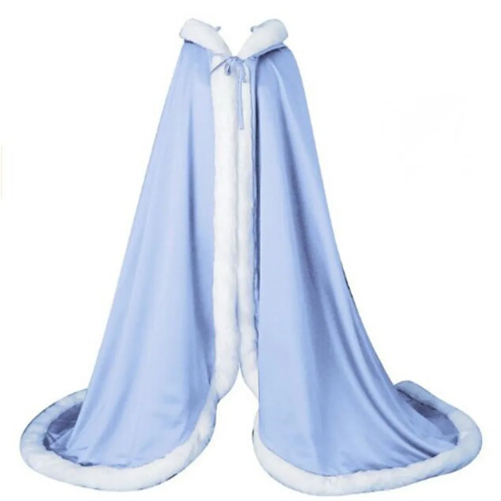 light blue Зимний искусственный мех длинный свадебный плащ с капюшоном для свадьбы куртка пальто шаль Белый слоновой кости красный черный Королевский синий - Цвет: light blue