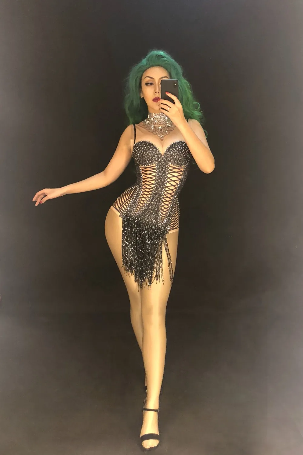 Women Sexy Stage Bodysuit Black Tassel Silver Sparkling Crystals Jumpsuit Nightclub Birthday Wedding Wear Singer Dance Costumes