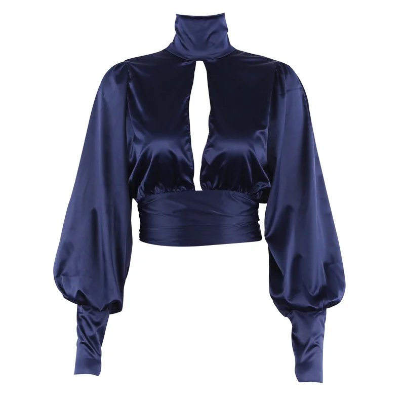 2018 Spring Vintage Very Sexy Backless Satin Blouse Stylish Turtleneck Low Cut Multi Way Wearing Slim Type Shirt Women