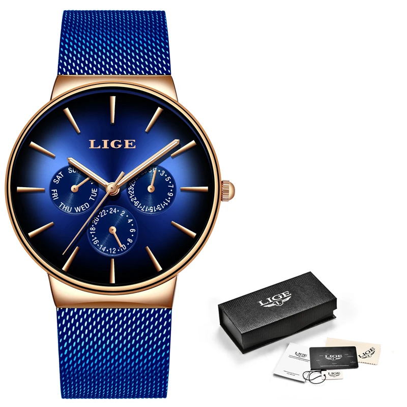 2019 New LIGE Cool Creative Watch For Mens Watches Top Brand Luxury Male Casual Ultra-Thin Mesh Belt Waterproof Quartz Clock+Box | Наручные
