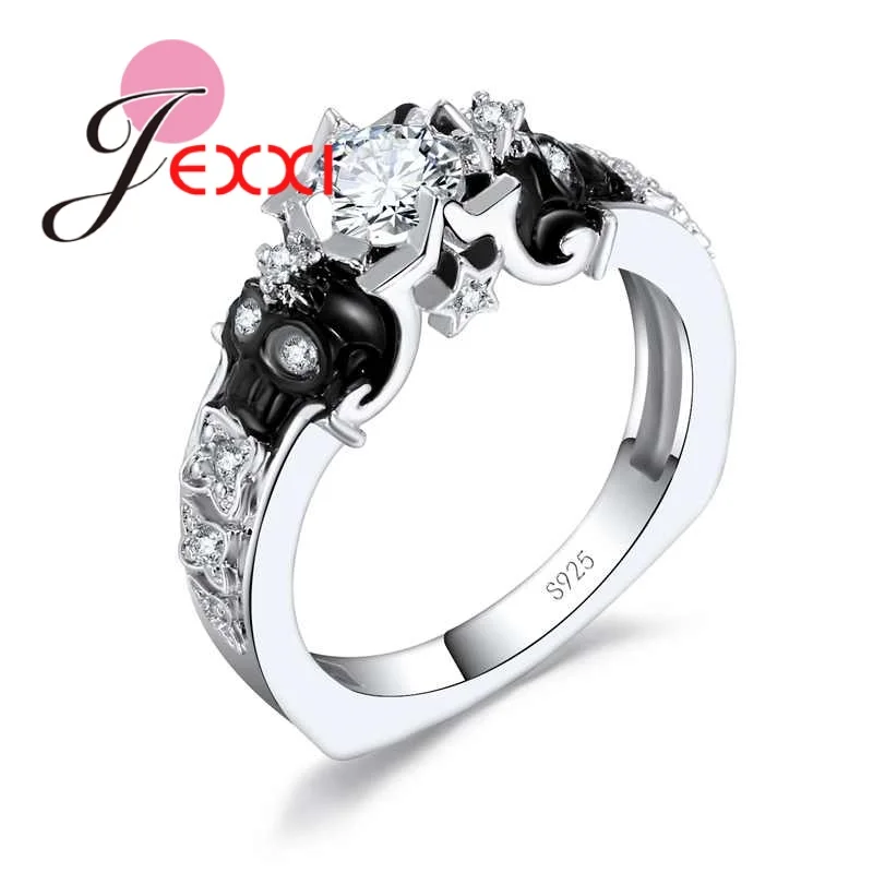 

Punk Double Black Skull Head with Clear CZ Finger Rings 925 sterling-silver-jewelry for Women Girls Party