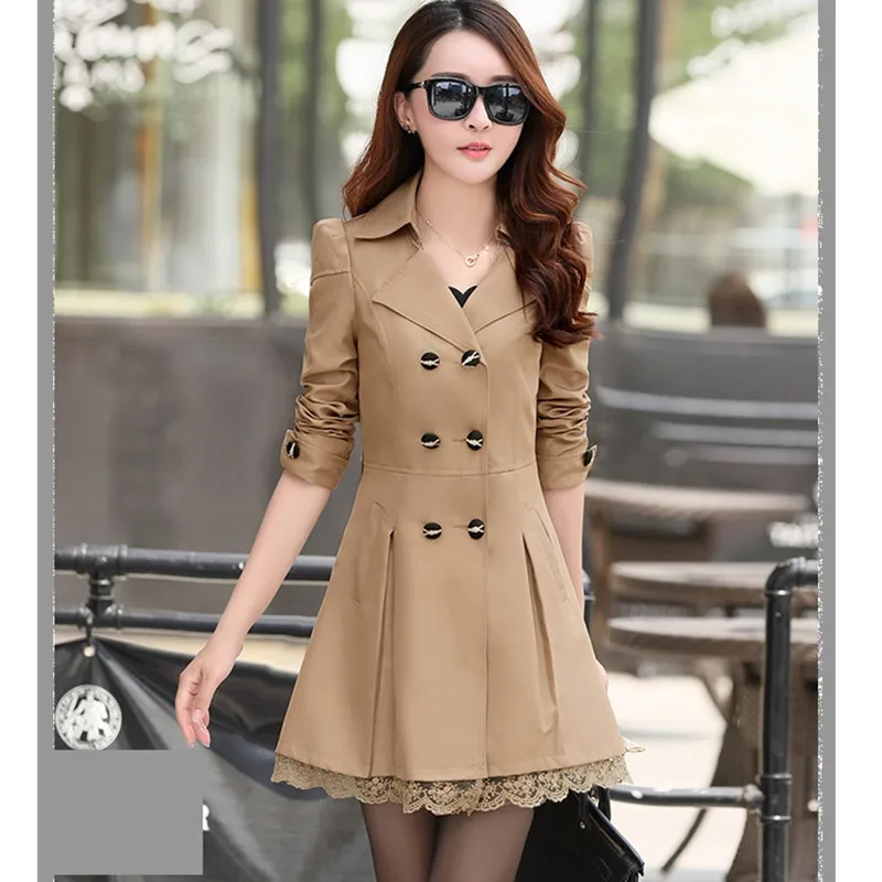 Khaki UHYTGF модная Корейская Весенняя Осенняя верхняя одежда женская двубортная кружевная элегантная женская куртка тонкая Длинная ветровка пальто 139 - Цвет: Khaki