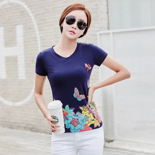 Summer Plus Size Tees Shirt Women Slim Short Sleeve O-neck Basic T-shirts Female Fashion Flower Print Diamond Casual Bts Tops | Женская