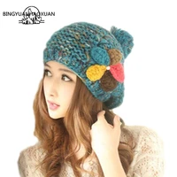 bingyuanhaoxuan newfashion winter berets for women knitted woolen flat caps french style big woolen ball beanie hat ladies beret
