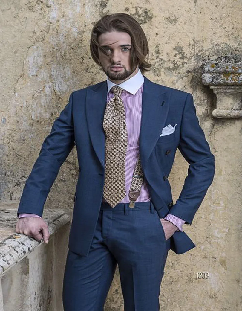 2017 Stylish Style Blue Gentleman Groom Tuxedos Peaked Lapel Two Button Haut Men's Wedding Clothes(Jacket+pants) | Свадьбы и