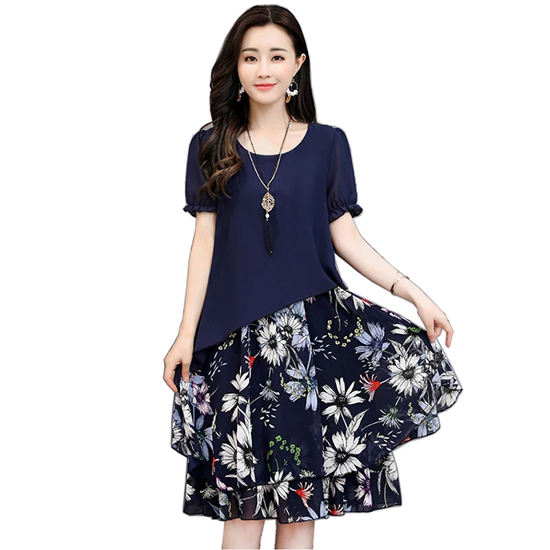 Женское шифоновое платье с цветочным принтом круглым вырезом и коротким