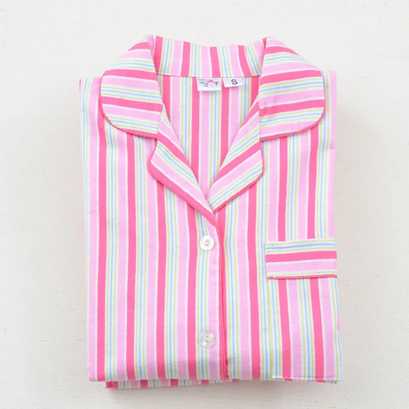 Pink Striped Pajamas Women Brushed Cotton Pijama Long Sleeve Elastic Waist Pants Autumn Spring Lounge Nightwear pyjamas S88499