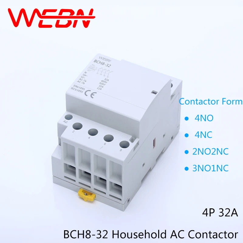 BCH8-32 Series 4P 32A Auto Operation AC Household Contactor 230V/250V 50/60Hz Contact 4NO/2NO+2NC/3NO+1NC/4NC Din Rail Contactor