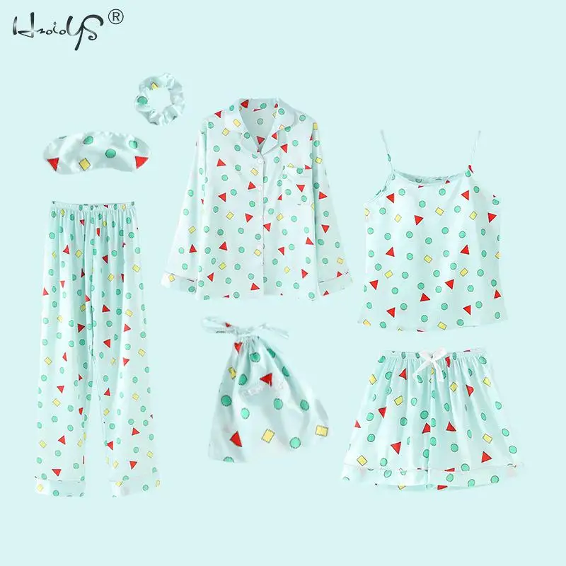Stripe Printing Women's 7 Pieces Pajamas Sets Emulation Silk Satin Pajamas Women Sleepwear Sets Spring Summer Autumn Homewear