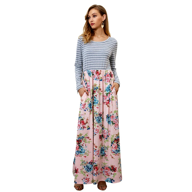 Boho для женщин цветочный принт лоскутное полосатый Свободные платье макси с