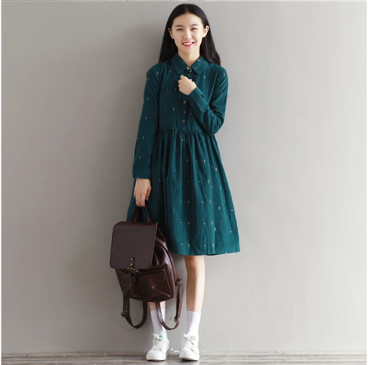 Mori Girl осенне зимнее Хлопковое платье новые женские вельветовые платья с длинным
