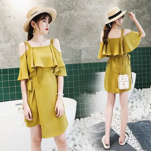 Пляжный стиль с рукавом-бабочкой однотонное вырезом лодочкой Vestidos сексуальное
