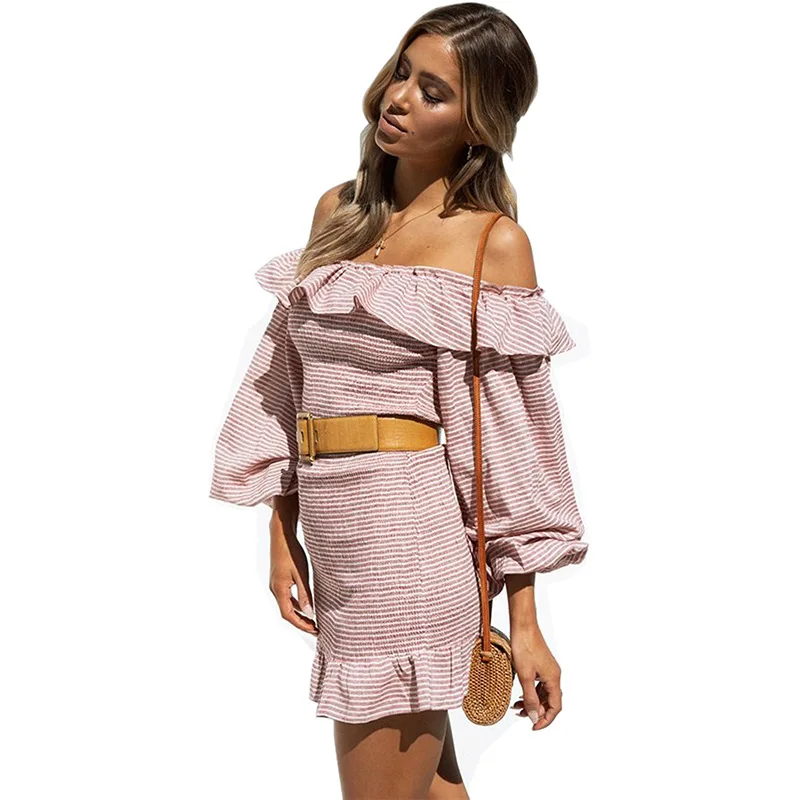 Daylook Off shoulder ruffle Сложите эластичный платье Женщины boho Сексуальная мини вечерние