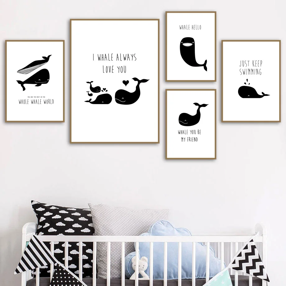 

Cartoon Whale Quotes Nordic Posters And Prints Wall Art Canvas Painting Black White Animal Nursery Wall Pictures Kids Room Decor