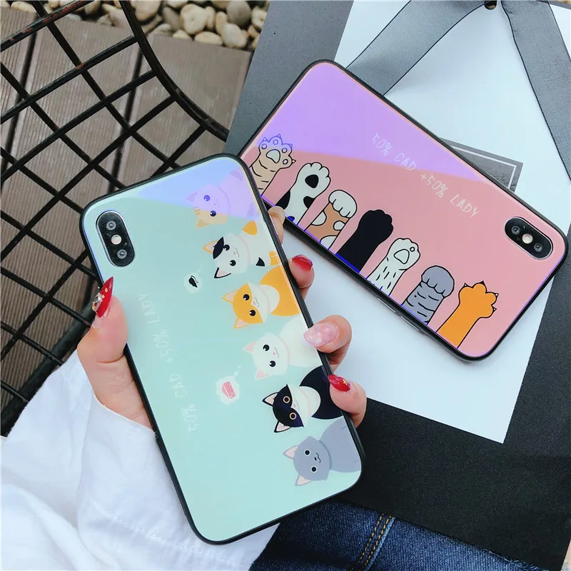 I7 милый мультяшный Кот стеклянный чехол для телефона на iPhone 7 жесткий iPhone7 6 6s 8 Plus X