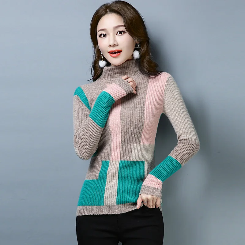 Brand Sweater Fall Winter Women Short New Irregular Hit Color Knit Turtleneck Slim Casual Pullover | Женская одежда