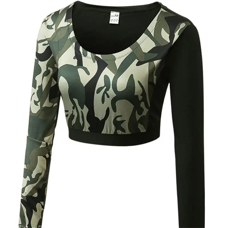 2019 ladies fitness yoga tank top exercise running training exposed navel tight quick dry camouflage long sleeve shirts | Спорт и