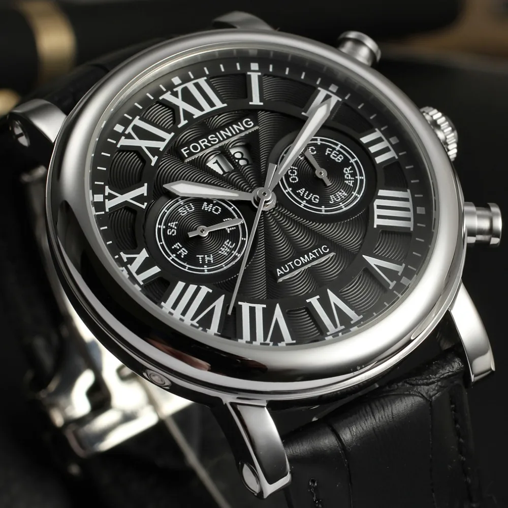 Мужские автоматические часы с римскими цифрами черный циферблат из нержавеющей