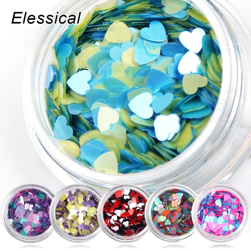 Беззеркальные 6 бутылок Красочные любящее сердце Блестки для ногтей Акриловые