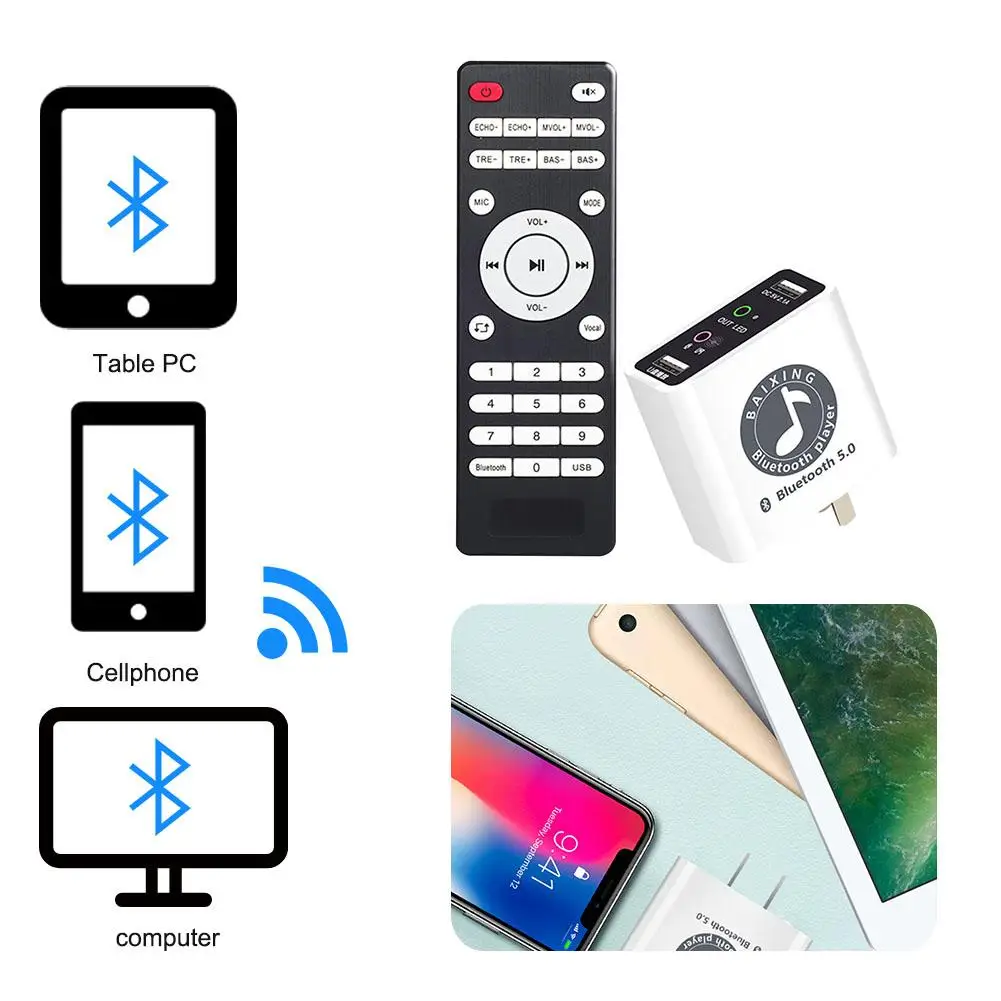

USB Bluetooth 5.0 Audio Receiver Adapter with Remote Control Sing Song Helper U Disk Playback Audio Amplifier Wireless