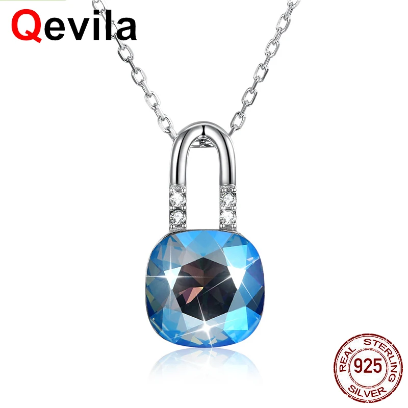 Qevila New Fashion Necklaces Jewelry 925 Sterling Silver Padlock Pendant Necklace for Women Crystals Chain Gift |