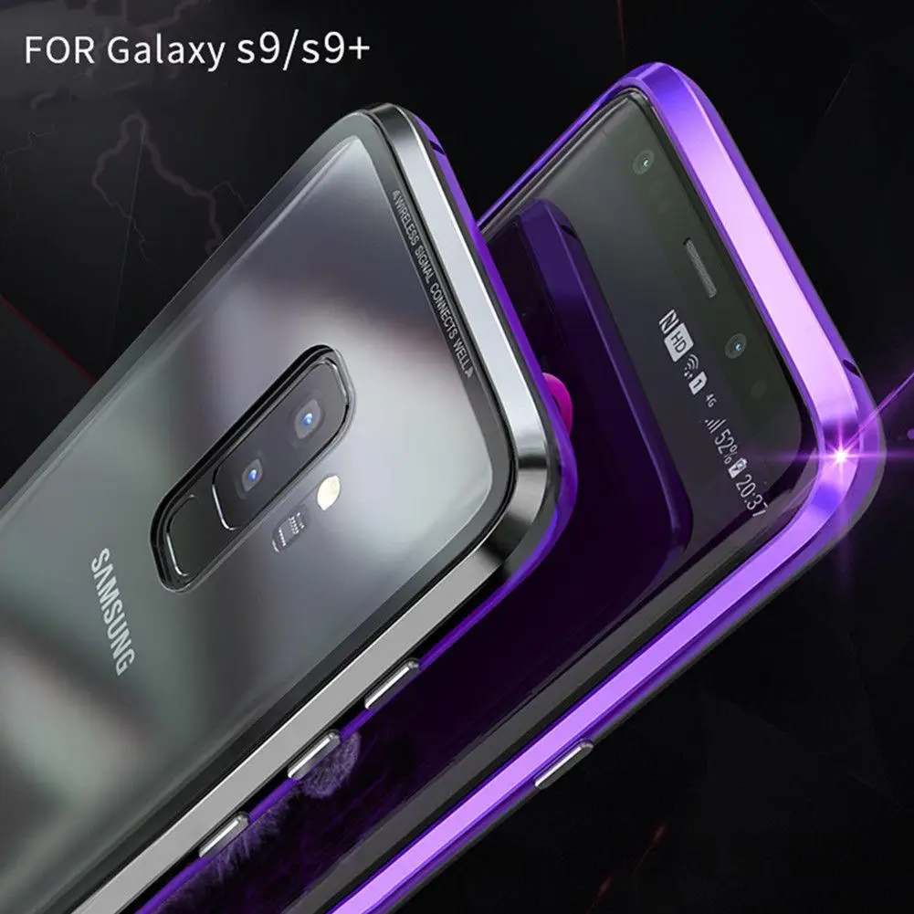 For Samsung Galaxy S8 S9 Plus Magnetic Absorption Temper Glass Back Metal Bumper Frame Case Cover |