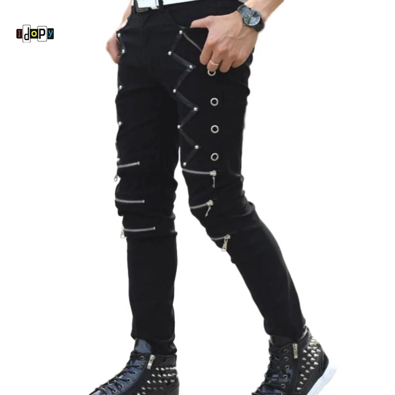 Idopy New Arrival Spring Fashion Mens Punk Skinny Pants For Man Cool Cotton Casual Pants Zipper Slim Fit Black Goth Trousers