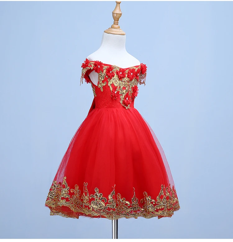 Elegant Red Tulle Appliques Girls Wedding Dress Shoulderless Kids Party Prom Dresses Lace First Communion for Birthday | Детская одежда