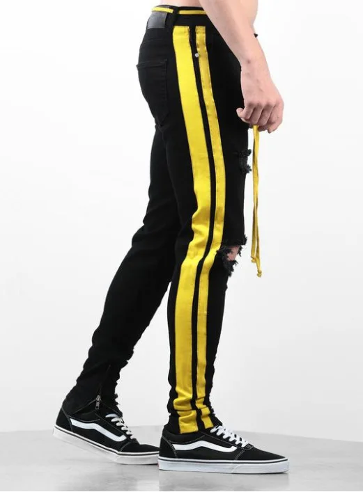 Новый Masculina Pantalones Для мужчин джинсы Para эластичные желтый лямки черный