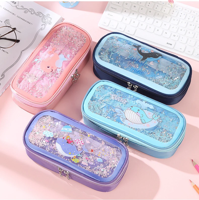 4 Colors Large Capacity Whale Pencil Case Double Zipper Cartoon Student Pencil Bag Gift Estuches School Pencil Box