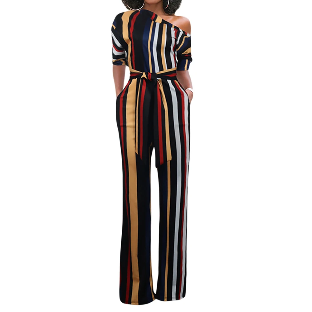 

2018 Women Sexy Summer Off The Shoulder Striped Jumpsuit Playsuit Wide Leg Pockets Rompers Long Pants Trousers With Belt