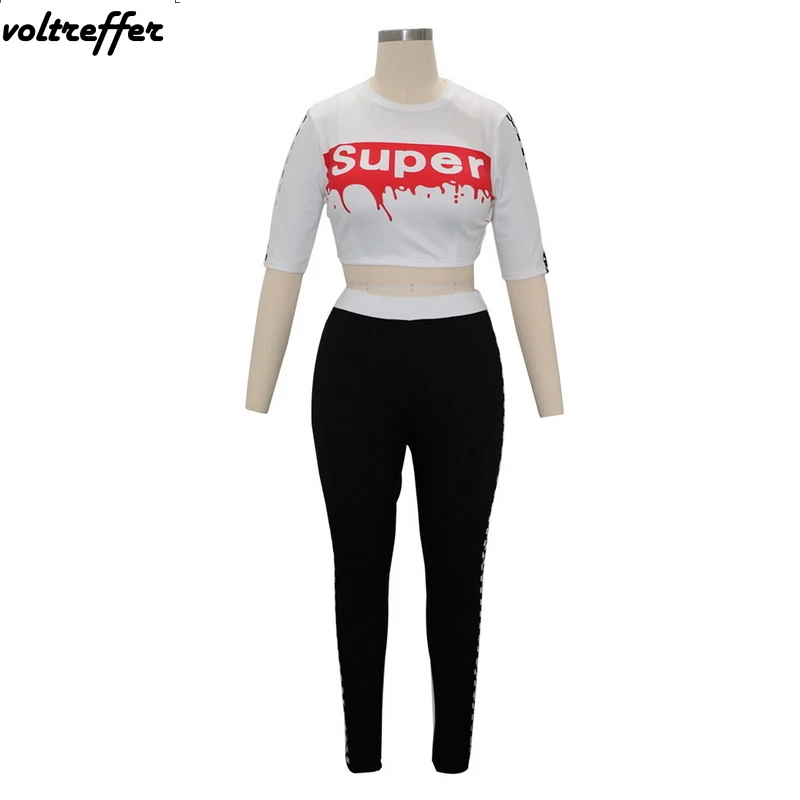 2018 Summer White Letter Print Crop Top Black Plaid Side Long Pants Two Piece Set Women's Sexy Casual Outfits Sweatsuit | Женская