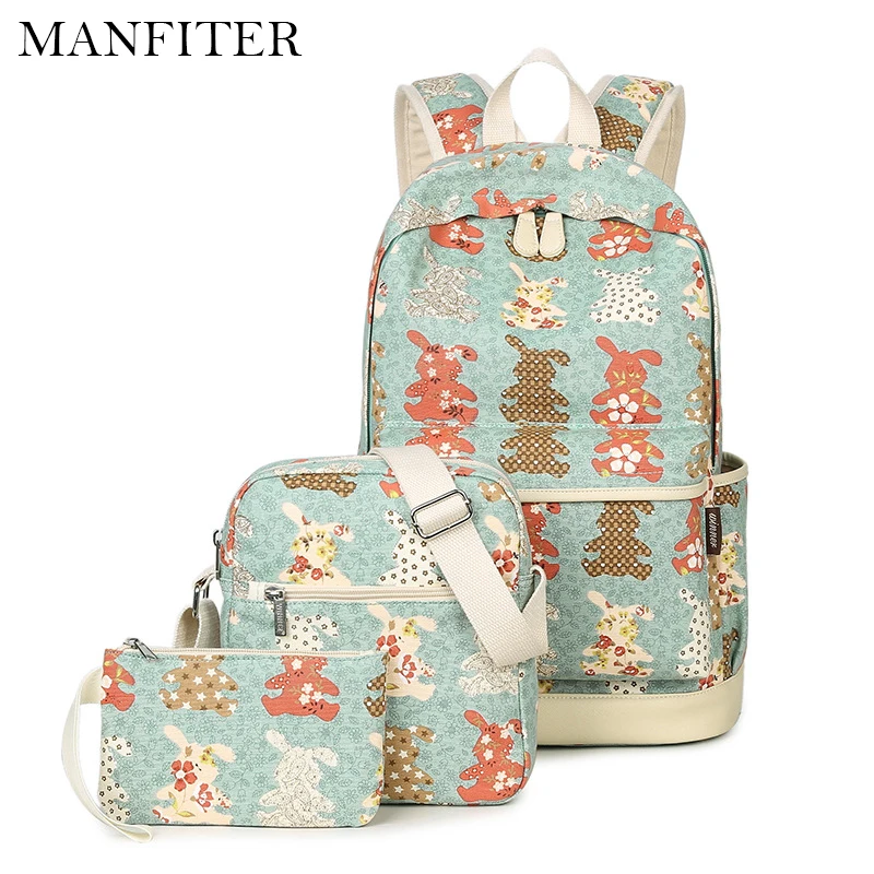 Manfiter 3 шт./компл. женщины печати Рюкзаки Холст Школьные сумки для подростков