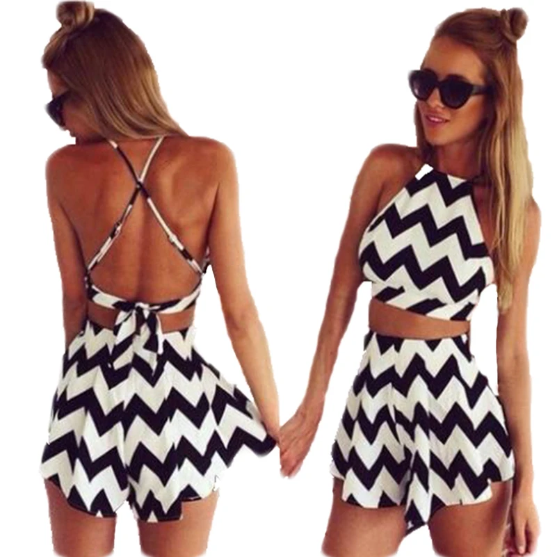 Женский спортивный костюм короткий топ с волнистым принтом из двух предметов