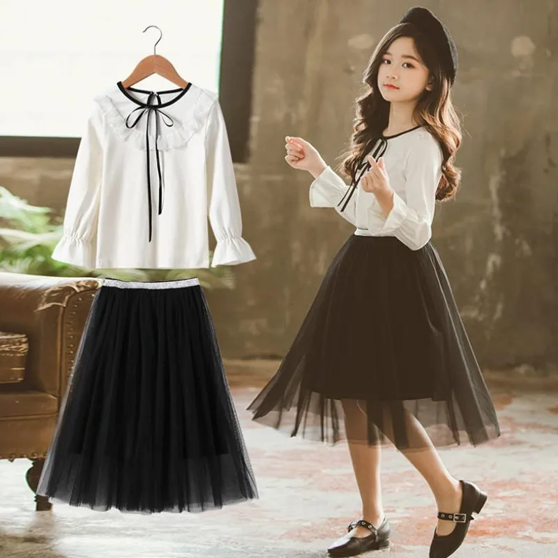 

DFXD Big Girls Spring Clothes Set Fashion High Quality White Long Sleeve Lace Shirt+Mesh Tutu Skirt Princess Clothing Set 4-12Y