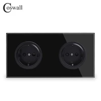 coswall crystal tempered pure glass black panel 16a double eu standard wall power socket outlet grounded child protective door