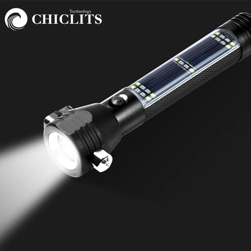 Barato CHICLITS T6 Multi-función Potente Solar Escape Rescate Linterna Coche De Seguridad De Emergencia Antorcha De Martillo De Alimentación USB Actualización Alar