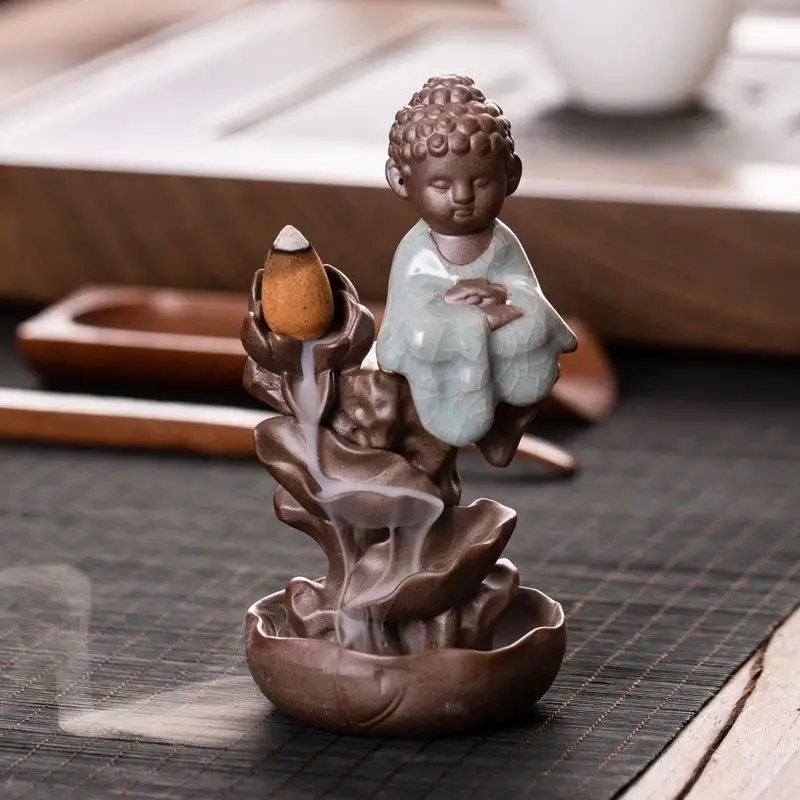 

Creativity Little Monk Ceramic Stick Incense Holder Lotus Smoke Backflow Incense Burner Aromatherapy Buddha Censer Home Decor