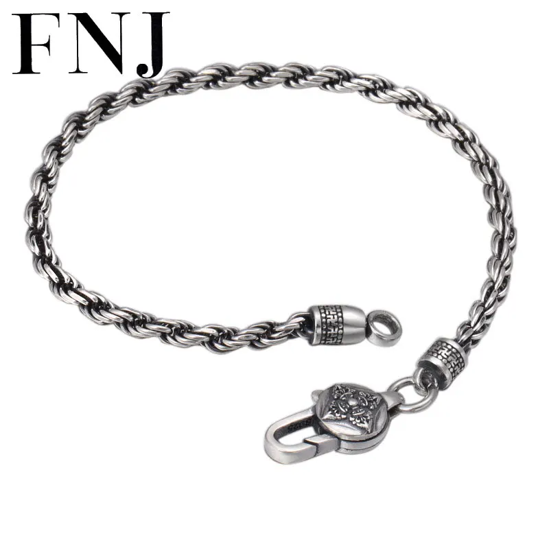 

FNJ Punk Rope Chain Bracelet 925 Silver Width 3mm 18cm 20cm Original Pure S925 Thai Silver Bracelets for Women Men Jewelry