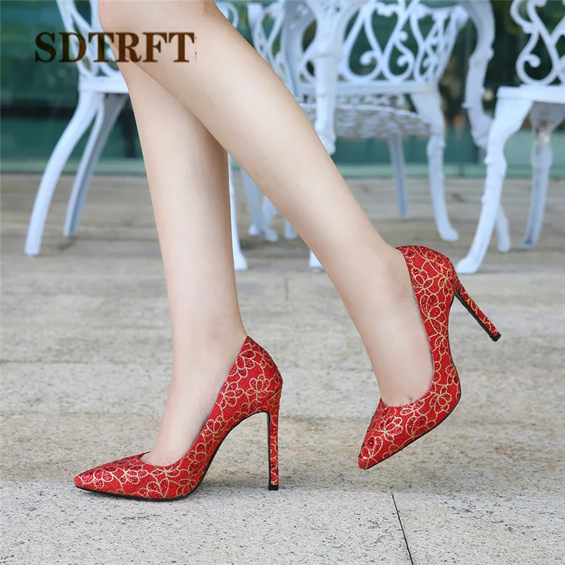 

SDTRFT RED stilettos 11cm thin heels Sequins wedding shoes woman Shallow mouth pumps Pointed Toe zapatos mujer Plus:35-44 45 46